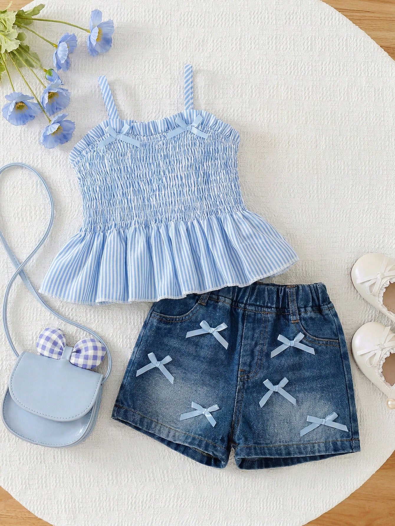 Vintaside Kids Adorable Baby Girls Polyester Blue Sleeveless Tank Top And Short Set With Plant Pattern And Bow Details