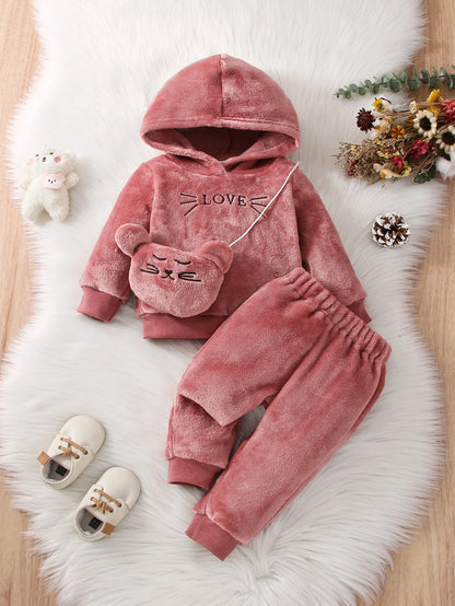 Vintaside Kids Baby Girl Letter Embroidery Teddy Hoodie & Pants & Bag