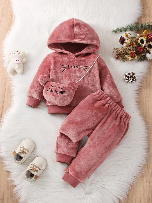 Vintaside Kids Baby Girl Letter Embroidery Teddy Hoodie & Pants & Bag