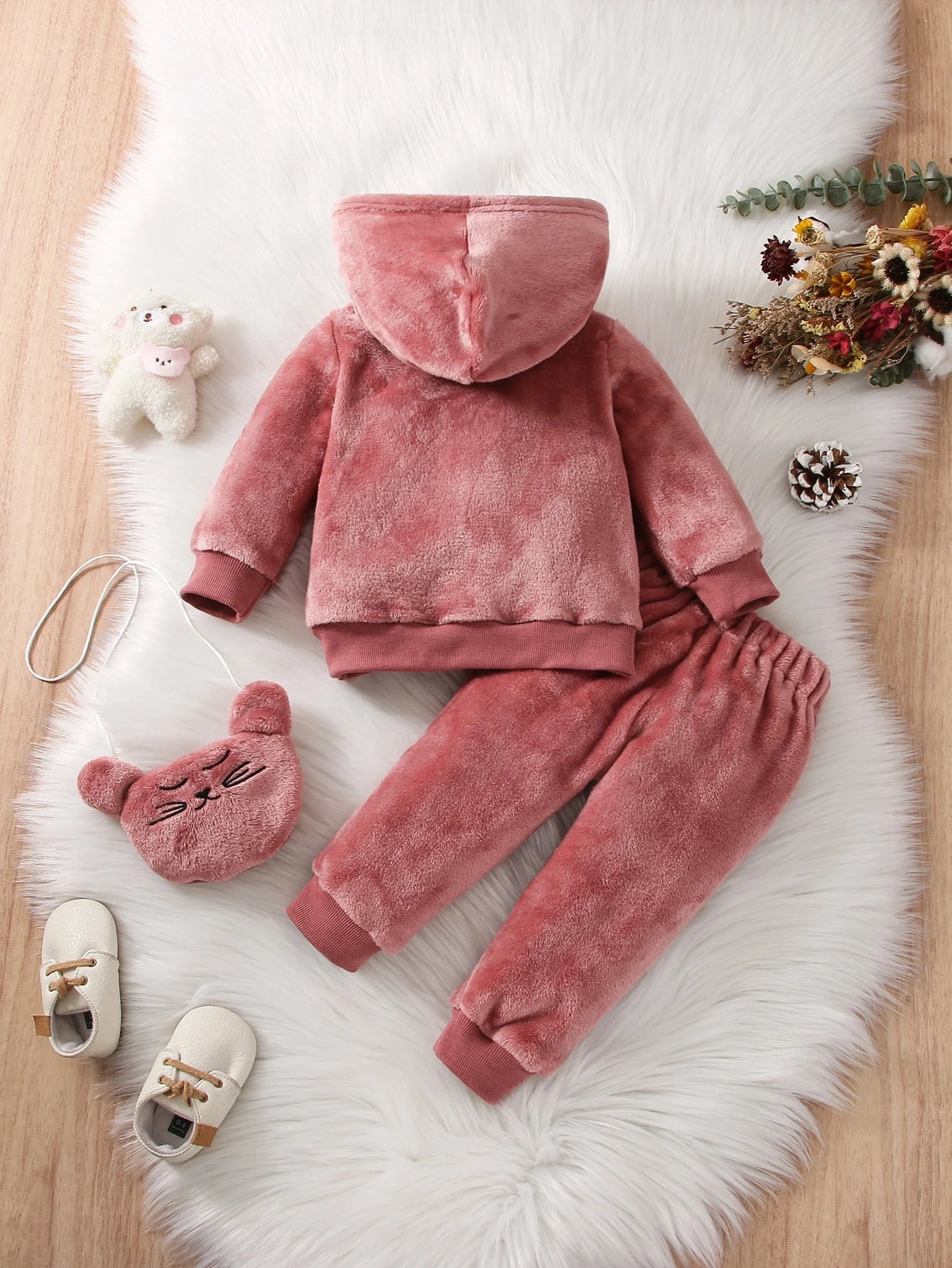 Vintaside Kids Baby Girl Letter Embroidery Teddy Hoodie & Pants & Bag