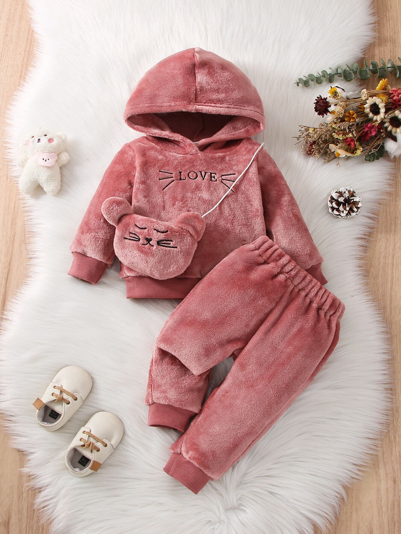 Vintaside Kids Baby Girl Letter Embroidery Teddy Hoodie & Pants & Bag
