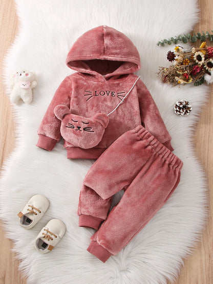 Vintaside Kids Baby Girl Letter Embroidery Teddy Hoodie & Pants & Bag