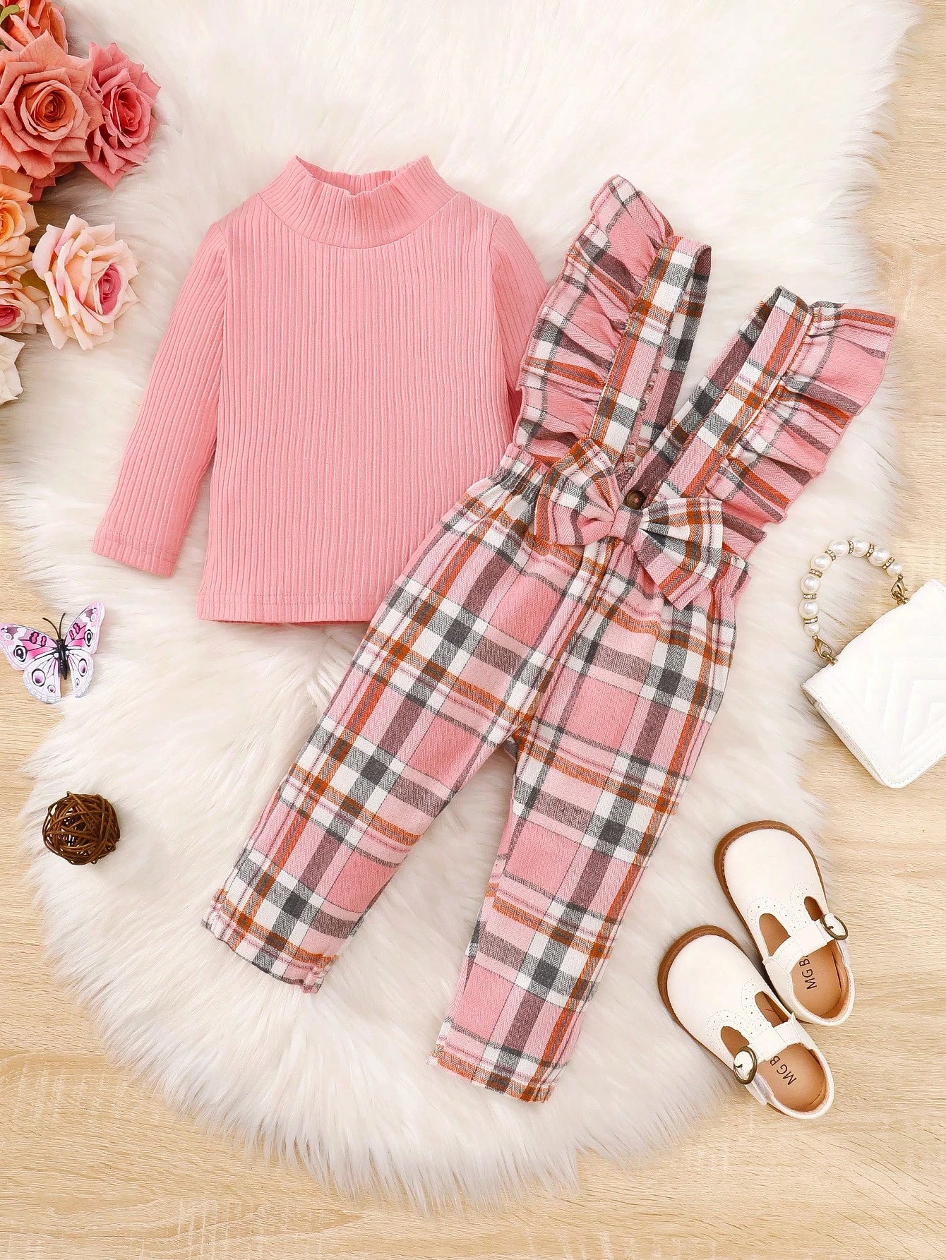 Vintaside Kids Baby Girl Mock Neck Tee & Plaid Ruffle Trim Bow Front Overall Jumpsuit, For Christmas