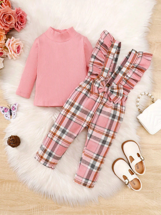 Vintaside Kids Baby Girl Mock Neck Tee & Plaid Ruffle Trim Bow Front Overall Jumpsuit, For Christmas