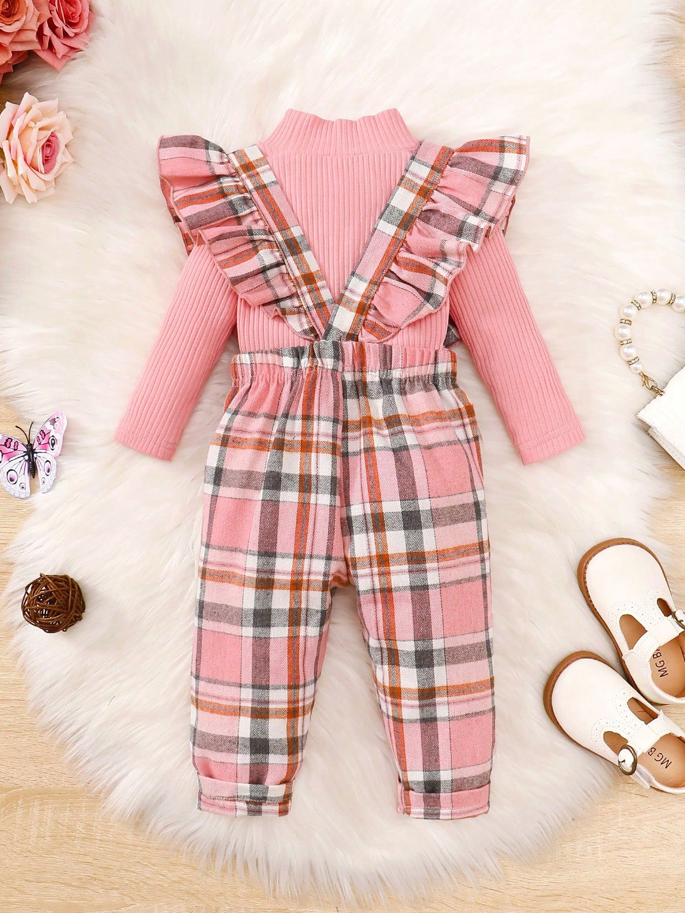 Vintaside Kids Baby Girl Mock Neck Tee & Plaid Ruffle Trim Bow Front Overall Jumpsuit, For Christmas