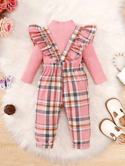 Vintaside Kids Baby Girl Mock Neck Tee & Plaid Ruffle Trim Bow Front Overall Jumpsuit, For Christmas