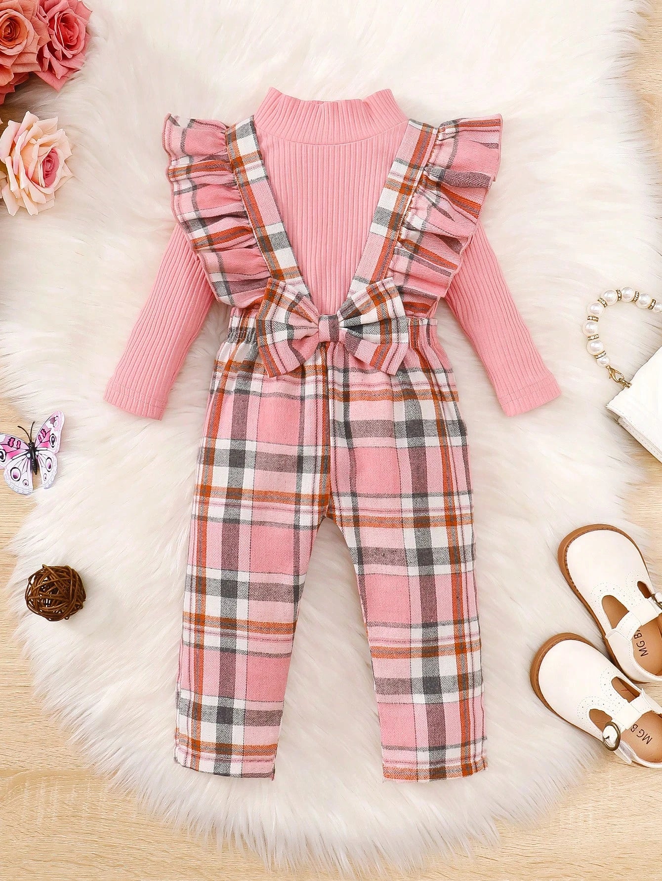 Vintaside Kids Baby Girl Mock Neck Tee & Plaid Ruffle Trim Bow Front Overall Jumpsuit, For Christmas