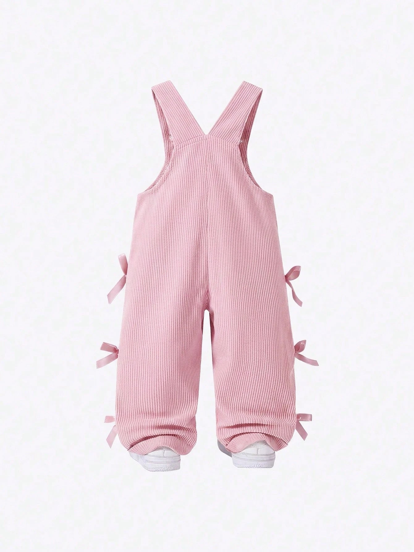 Vintaside Kids Baby Girl Overalls, All-Season, Cute Style, Light Pink, Decorated With Pink Bows, Front Pocket Design, Loose Straight Leg Jumpsuit, Corduroy Fabric, Soft And Comfortable, School