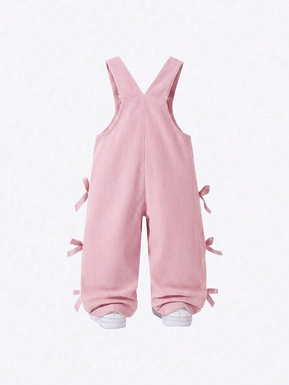 Vintaside Kids Baby Girl Overalls, All-Season, Cute Style, Light Pink, Decorated With Pink Bows, Front Pocket Design, Loose Straight Leg Jumpsuit, Corduroy Fabric, Soft And Comfortable, School