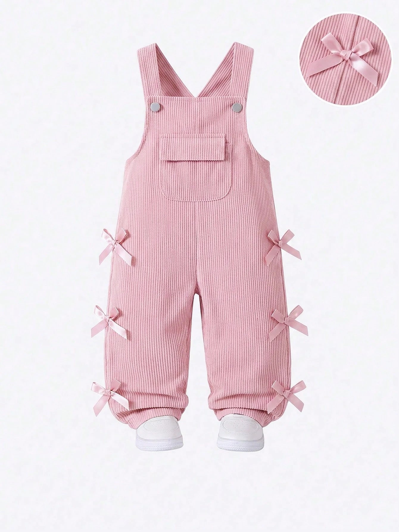 Vintaside Kids Baby Girl Overalls, All-Season, Cute Style, Light Pink, Decorated With Pink Bows, Front Pocket Design, Loose Straight Leg Jumpsuit, Corduroy Fabric, Soft And Comfortable, School