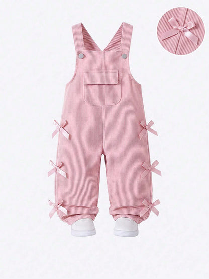Vintaside Kids Baby Girl Overalls, All-Season, Cute Style, Light Pink, Decorated With Pink Bows, Front Pocket Design, Loose Straight Leg Jumpsuit, Corduroy Fabric, Soft And Comfortable, School