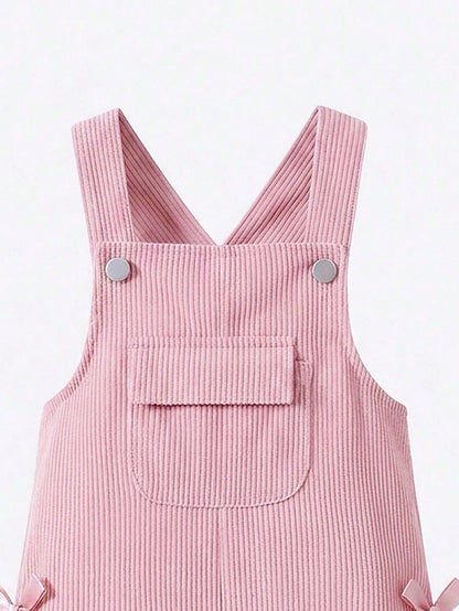 Vintaside Kids Baby Girl Overalls, All-Season, Cute Style, Light Pink, Decorated With Pink Bows, Front Pocket Design, Loose Straight Leg Jumpsuit, Corduroy Fabric, Soft And Comfortable, School