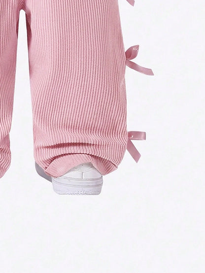Vintaside Kids Baby Girl Overalls, All-Season, Cute Style, Light Pink, Decorated With Pink Bows, Front Pocket Design, Loose Straight Leg Jumpsuit, Corduroy Fabric, Soft And Comfortable, School