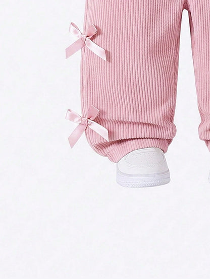 Vintaside Kids Baby Girl Overalls, All-Season, Cute Style, Light Pink, Decorated With Pink Bows, Front Pocket Design, Loose Straight Leg Jumpsuit, Corduroy Fabric, Soft And Comfortable, School