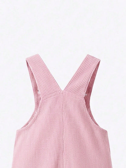 Vintaside Kids Baby Girl Overalls, All-Season, Cute Style, Light Pink, Decorated With Pink Bows, Front Pocket Design, Loose Straight Leg Jumpsuit, Corduroy Fabric, Soft And Comfortable, School