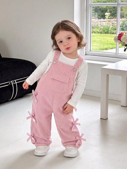Vintaside Kids Baby Girl Overalls, All-Season, Cute Style, Light Pink, Decorated With Pink Bows, Front Pocket Design, Loose Straight Leg Jumpsuit, Corduroy Fabric, Soft And Comfortable, School