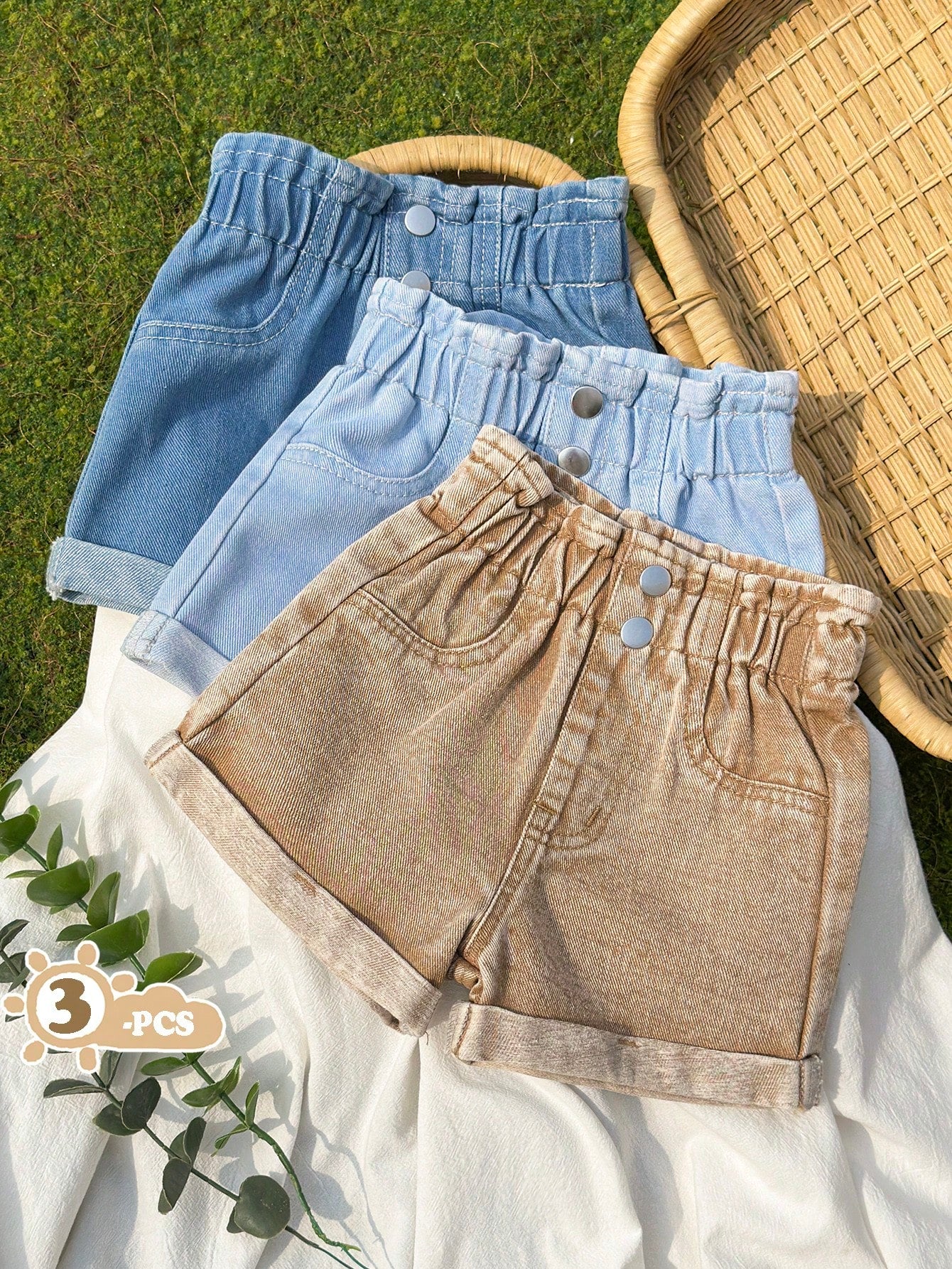 Vintaside Kids Baby Girls' 3-Piece Denim Set,Light Blue,Khaki,Navy Summer Casual Vacation Shorts,Elastic Waist Double Button Design,Vintage Chic Style Cuffed Hem