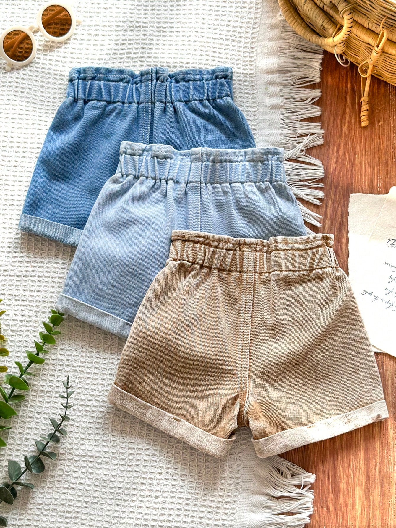 Vintaside Kids Baby Girls' 3-Piece Denim Set,Light Blue,Khaki,Navy Summer Casual Vacation Shorts,Elastic Waist Double Button Design,Vintage Chic Style Cuffed Hem