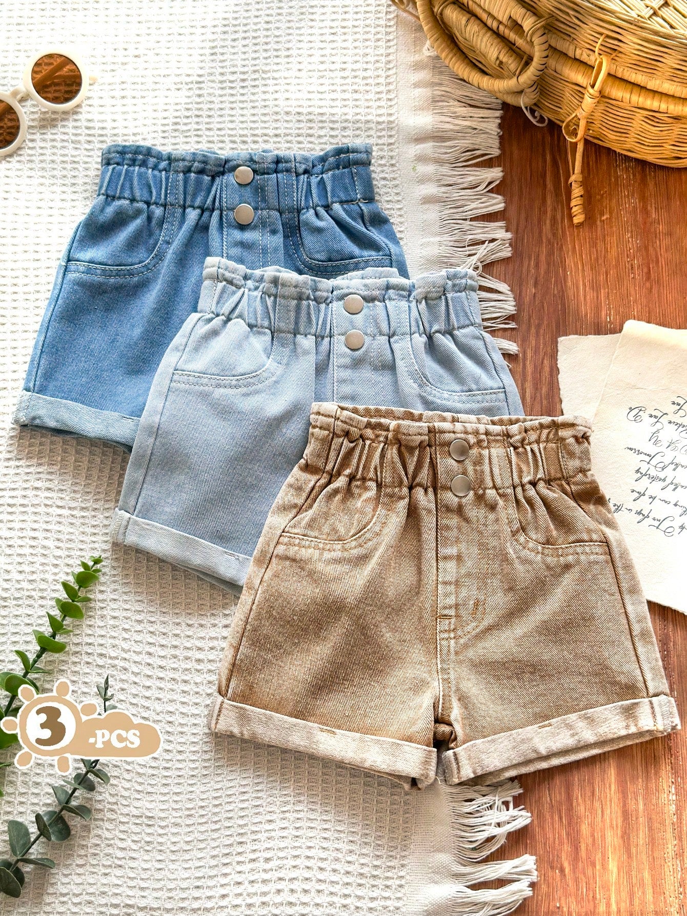 Vintaside Kids Baby Girls' 3-Piece Denim Set,Light Blue,Khaki,Navy Summer Casual Vacation Shorts,Elastic Waist Double Button Design,Vintage Chic Style Cuffed Hem