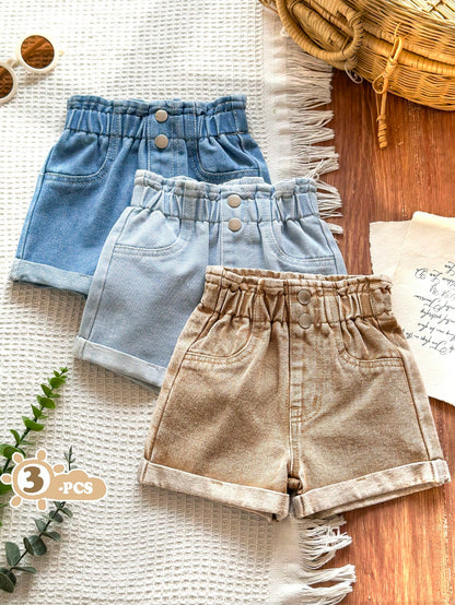 Vintaside Kids Baby Girls' 3-Piece Denim Set,Light Blue,Khaki,Navy Summer Casual Vacation Shorts,Elastic Waist Double Button Design,Vintage Chic Style Cuffed Hem