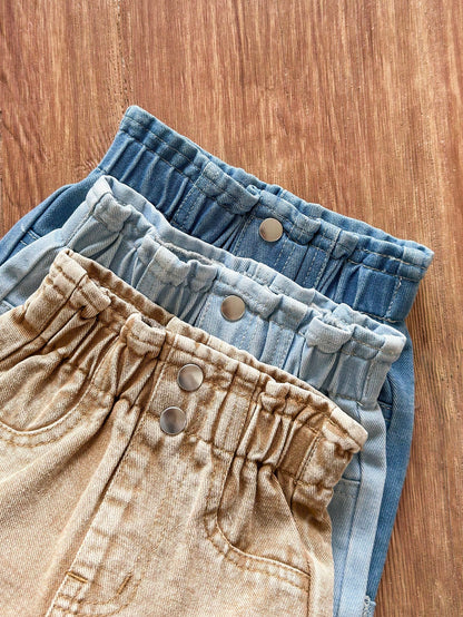 Vintaside Kids Baby Girls' 3-Piece Denim Set,Light Blue,Khaki,Navy Summer Casual Vacation Shorts,Elastic Waist Double Button Design,Vintage Chic Style Cuffed Hem