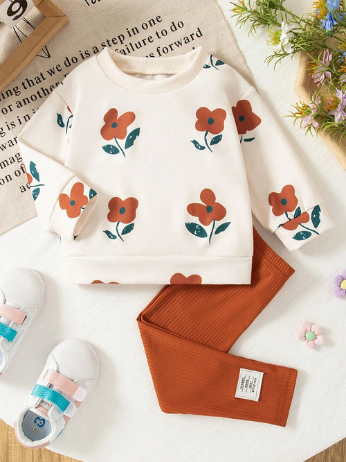 Vintaside Kids Baby Girls Flower Print Ribbed Crew Neck Sweatshirt And Rib-Knit Leggings Outfit, Comfortable & Fashionable, Autumn/Winter