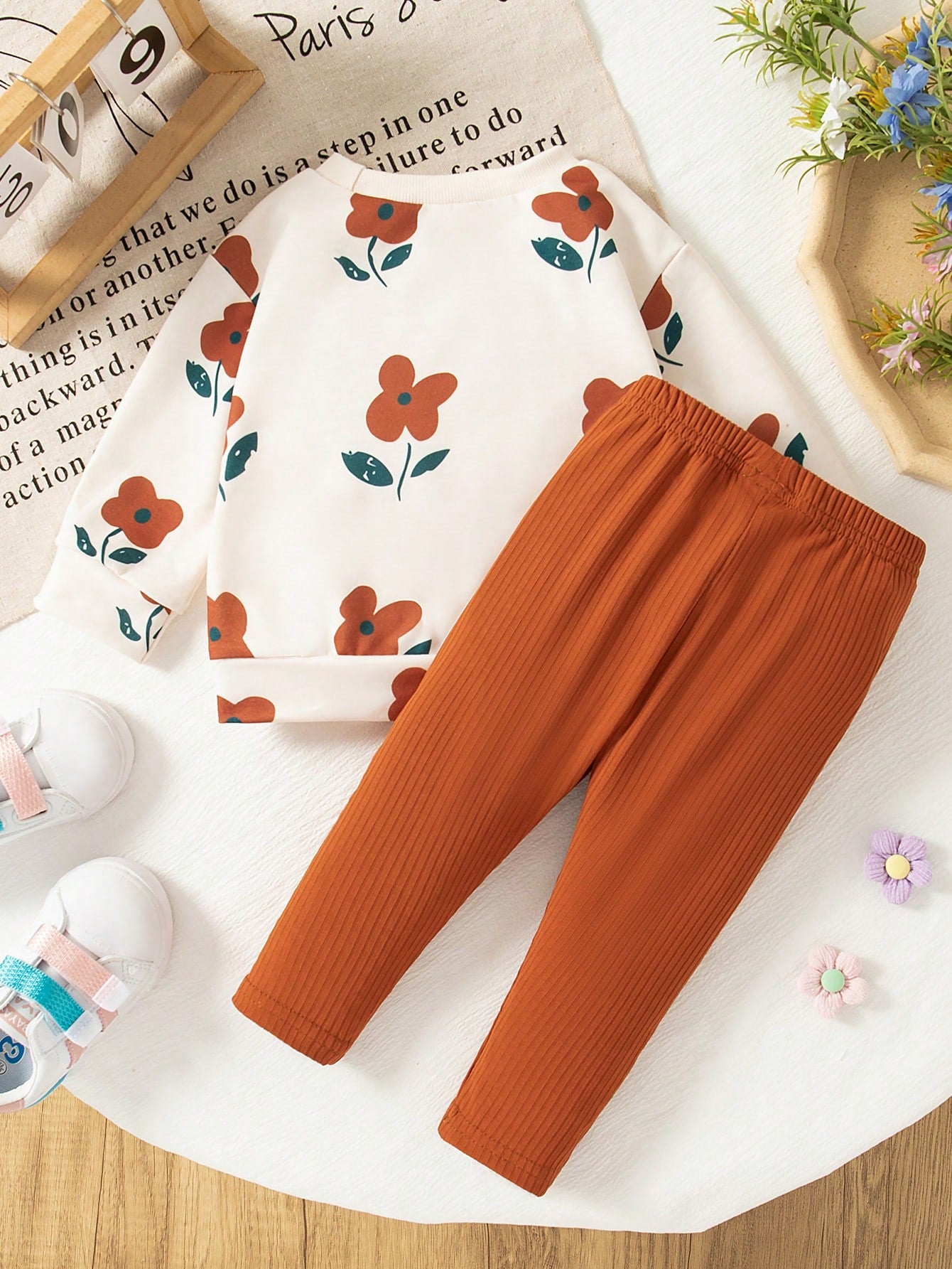 Vintaside Kids Baby Girls Flower Print Ribbed Crew Neck Sweatshirt And Rib-Knit Leggings Outfit, Comfortable & Fashionable, Autumn/Winter