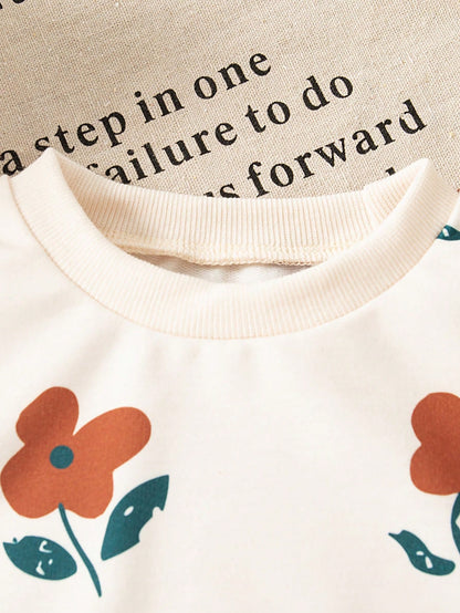 Vintaside Kids Baby Girls Flower Print Ribbed Crew Neck Sweatshirt And Rib-Knit Leggings Outfit, Comfortable & Fashionable, Autumn/Winter