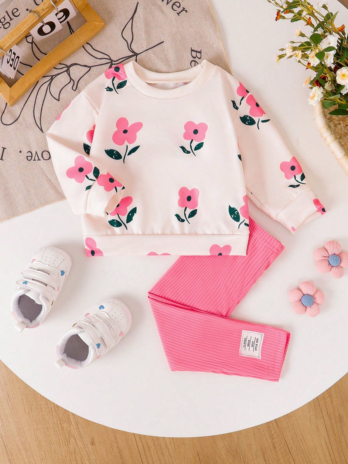 Vintaside Kids Baby Girls Flower Print Ribbed Crew Neck Sweatshirt And Rib-Knit Leggings Outfit, Comfortable & Fashionable, Autumn/Winter