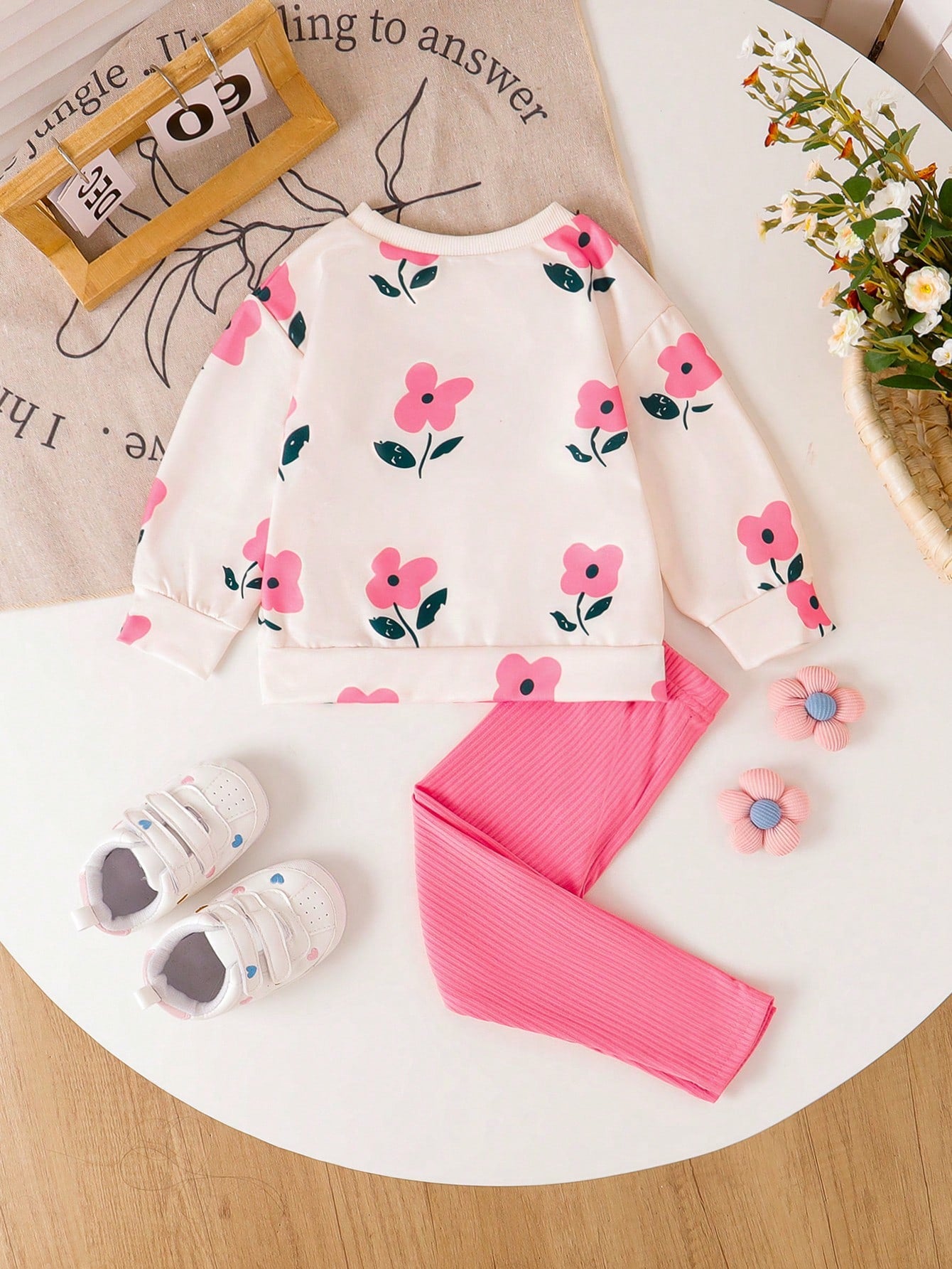 Vintaside Kids Baby Girls Flower Print Ribbed Crew Neck Sweatshirt And Rib-Knit Leggings Outfit, Comfortable & Fashionable, Autumn/Winter