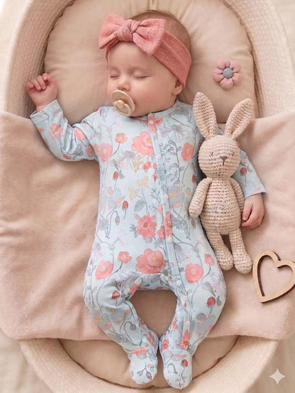 Vintaside Kids Newborn Baby Girl Cute Bow Floral Print Soft Knit Footie Jumpsuit,Aqua Blue Winter Long Sleeve Romper,Baby Shower Gift Valentine's Day Casual Clothes