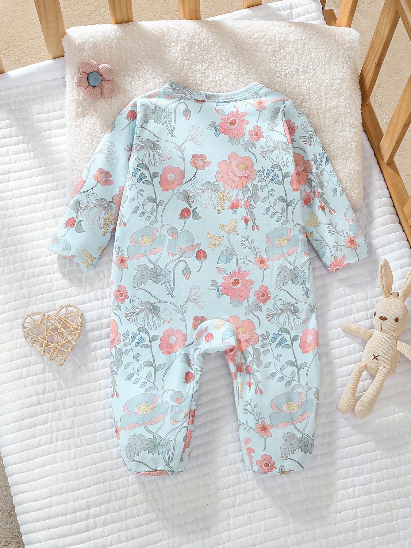 Vintaside Kids Newborn Baby Girl Cute Bow Floral Print Soft Knit Footie Jumpsuit,Aqua Blue Winter Long Sleeve Romper,Baby Shower Gift Valentine's Day Casual Clothes
