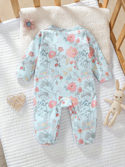 Vintaside Kids Newborn Baby Girl Cute Bow Floral Print Soft Knit Footie Jumpsuit,Aqua Blue Winter Long Sleeve Romper,Baby Shower Gift Valentine's Day Casual Clothes