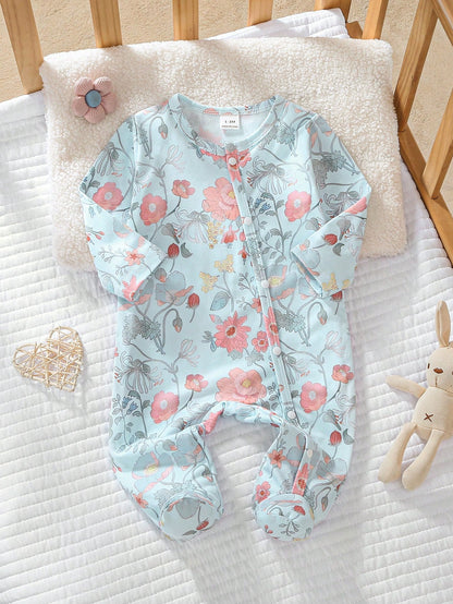 Vintaside Kids Newborn Baby Girl Cute Bow Floral Print Soft Knit Footie Jumpsuit,Aqua Blue Winter Long Sleeve Romper,Baby Shower Gift Valentine's Day Casual Clothes