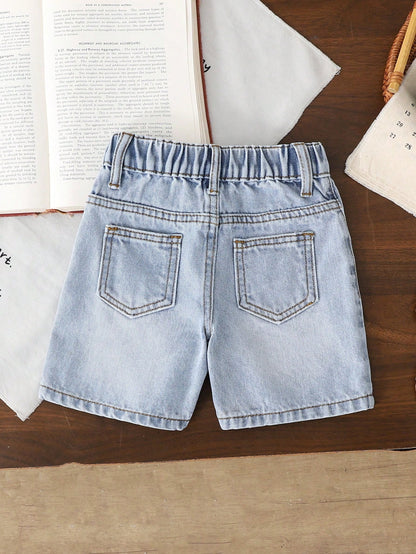 Vintaside Kids Toddler Boys' Summer Casual Denim Shorts,Soft Cotton Mid-Blue Jeans,Collegiate Style Elastic Waist Faux Chain Design For Daily Wear,Travel & Holiday