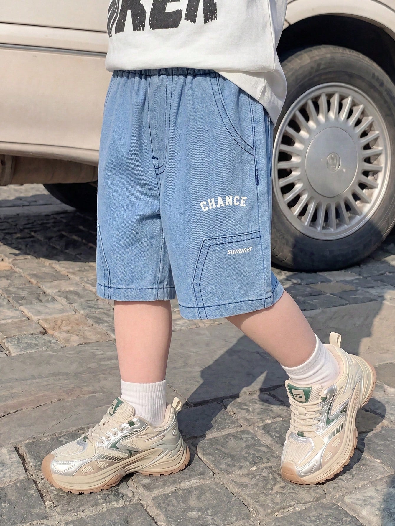 Vintaside Kids Toddler Boys' Summer Casual Denim Shorts,Soft Cotton Mid-Blue Jeans,Collegiate Style Elastic Waist Faux Chain Design For Daily Wear,Travel & Holiday