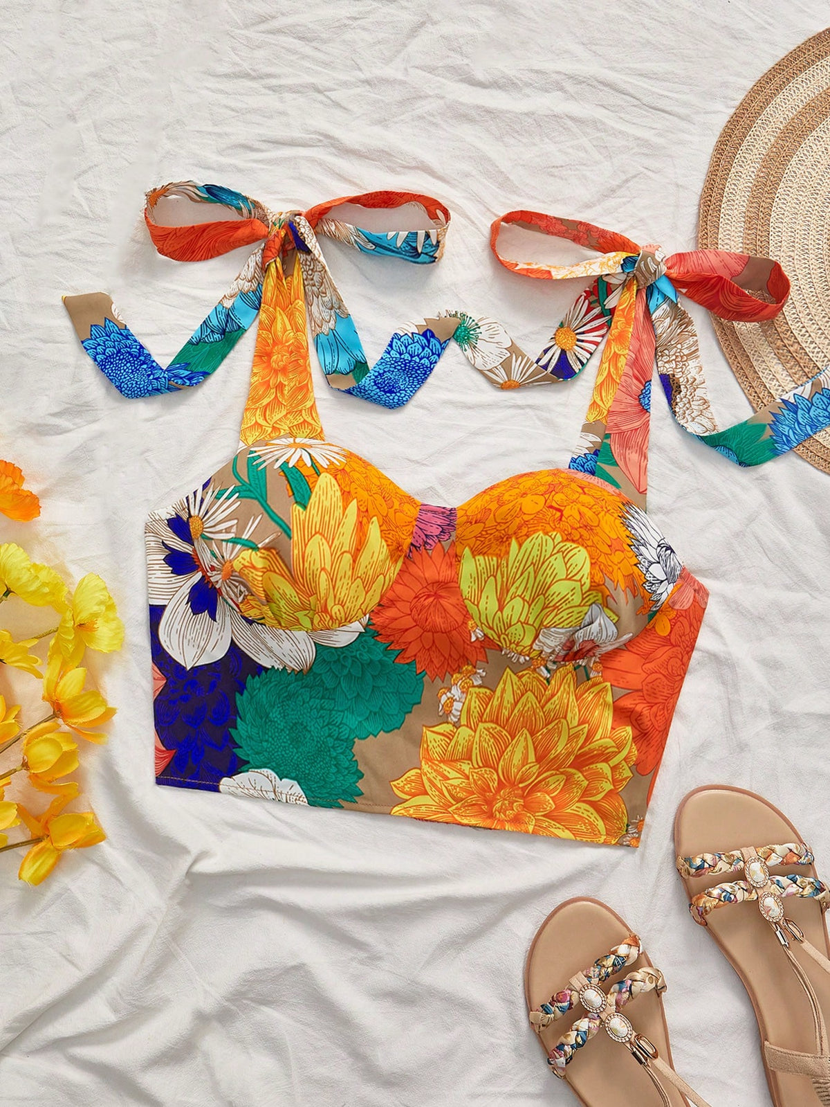 Vivid Eden Women's Vacation Rust Orange Floral Printed Tie-Up Cropped Fitted Cami Top,Streetwear Tropical For Women,Casual,Summer Tops,Mother Day Beach