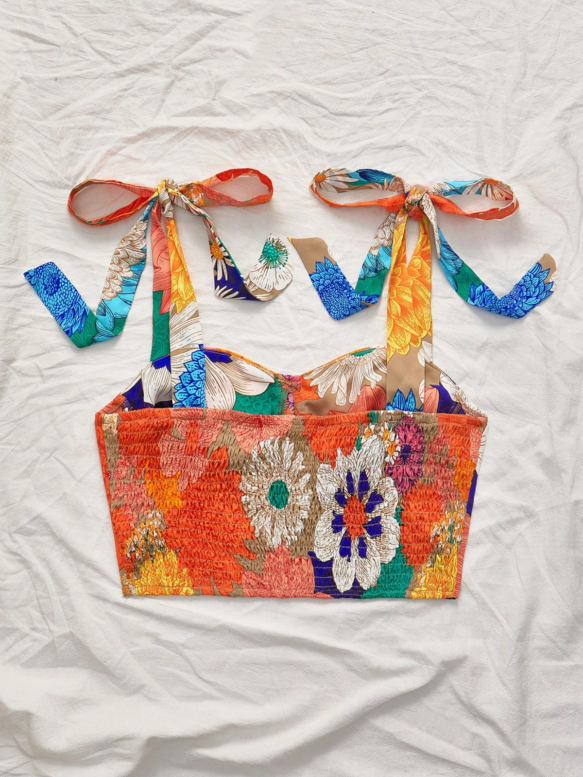 Vivid Eden Women's Vacation Rust Orange Floral Printed Tie-Up Cropped Fitted Cami Top,Streetwear Tropical For Women,Casual,Summer Tops,Mother Day Beach