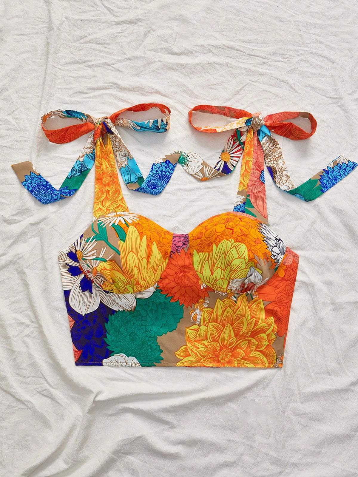 Vivid Eden Women's Vacation Rust Orange Floral Printed Tie-Up Cropped Fitted Cami Top,Streetwear Tropical For Women,Casual,Summer Tops,Mother Day Beach