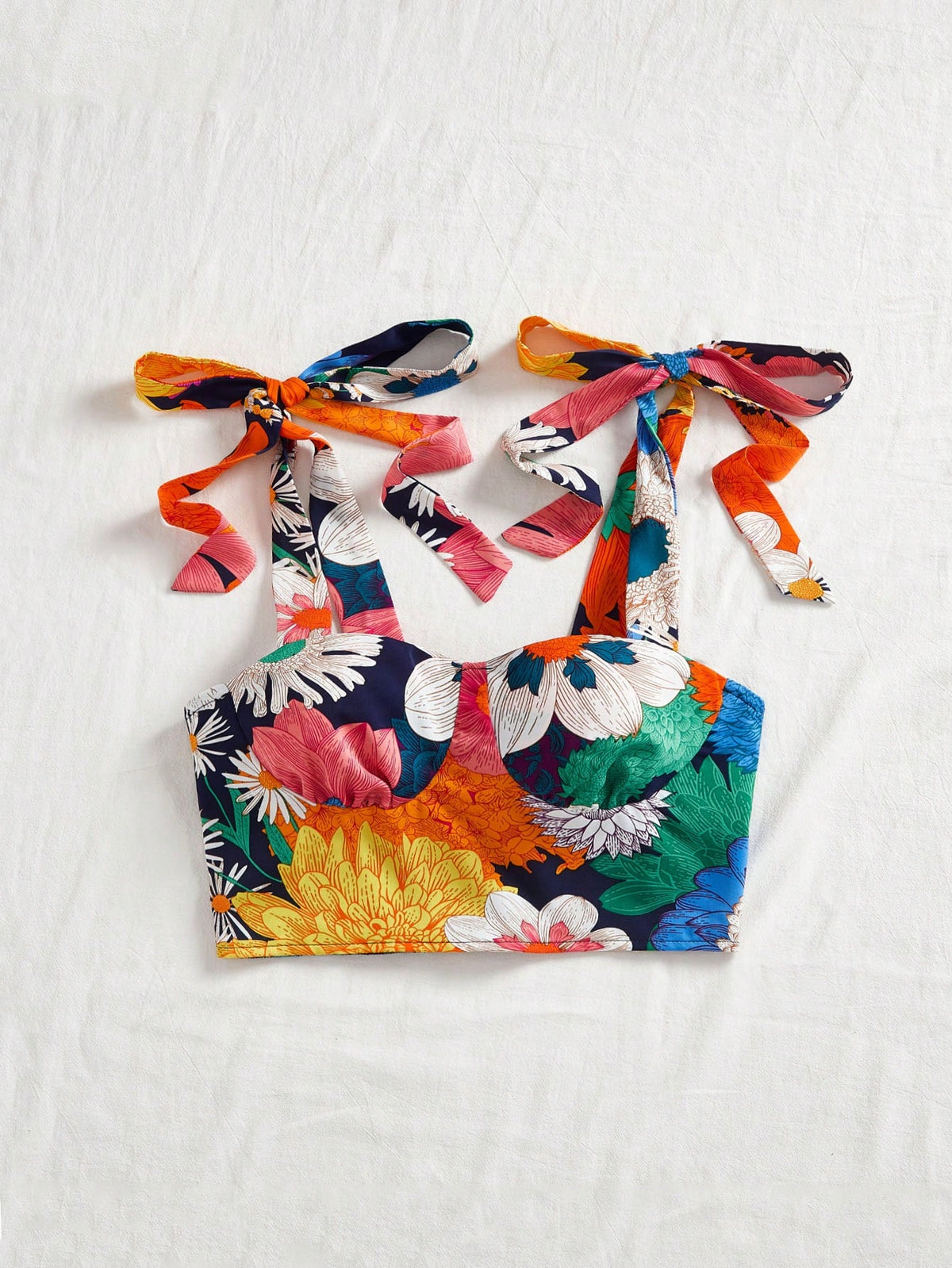 Vivid Eden Women's Vacation Rust Orange Floral Printed Tie-Up Cropped Fitted Cami Top,Streetwear Tropical For Women,Casual,Summer Tops,Mother Day Beach