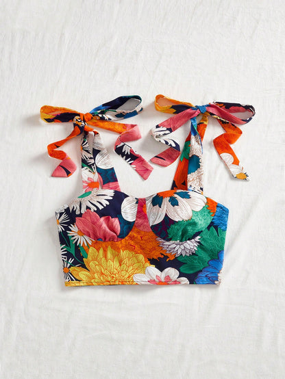 Vivid Eden Women's Vacation Rust Orange Floral Printed Tie-Up Cropped Fitted Cami Top,Streetwear Tropical For Women,Casual,Summer Tops,Mother Day Beach