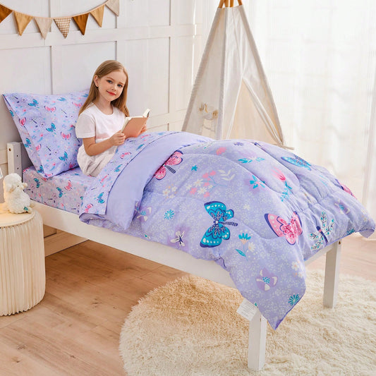VIVILAND Butterfly Style Children Quilt Set, 4-Piece Infant Sleeping Bag-Style Quilt Cover Set, Super Soft And Comfortable Quilt Cover Bedding Set, Paired With Comfortable Ultra-Fine Fiber Children Be