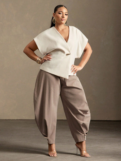 Vixey Solid Textured Woven Asymmetrical Hem Single Button Waistcoat Top