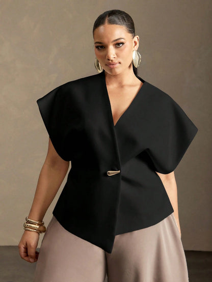 Vixey Solid Textured Woven Asymmetrical Hem Single Button Waistcoat Top