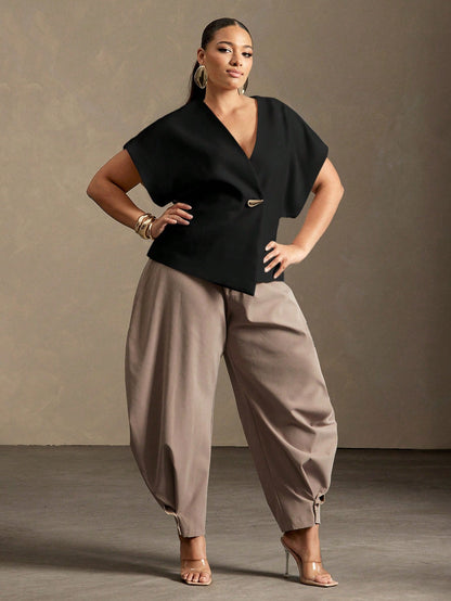 Vixey Solid Textured Woven Asymmetrical Hem Single Button Waistcoat Top