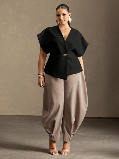 Vixey Solid Textured Woven Asymmetrical Hem Single Button Waistcoat Top
