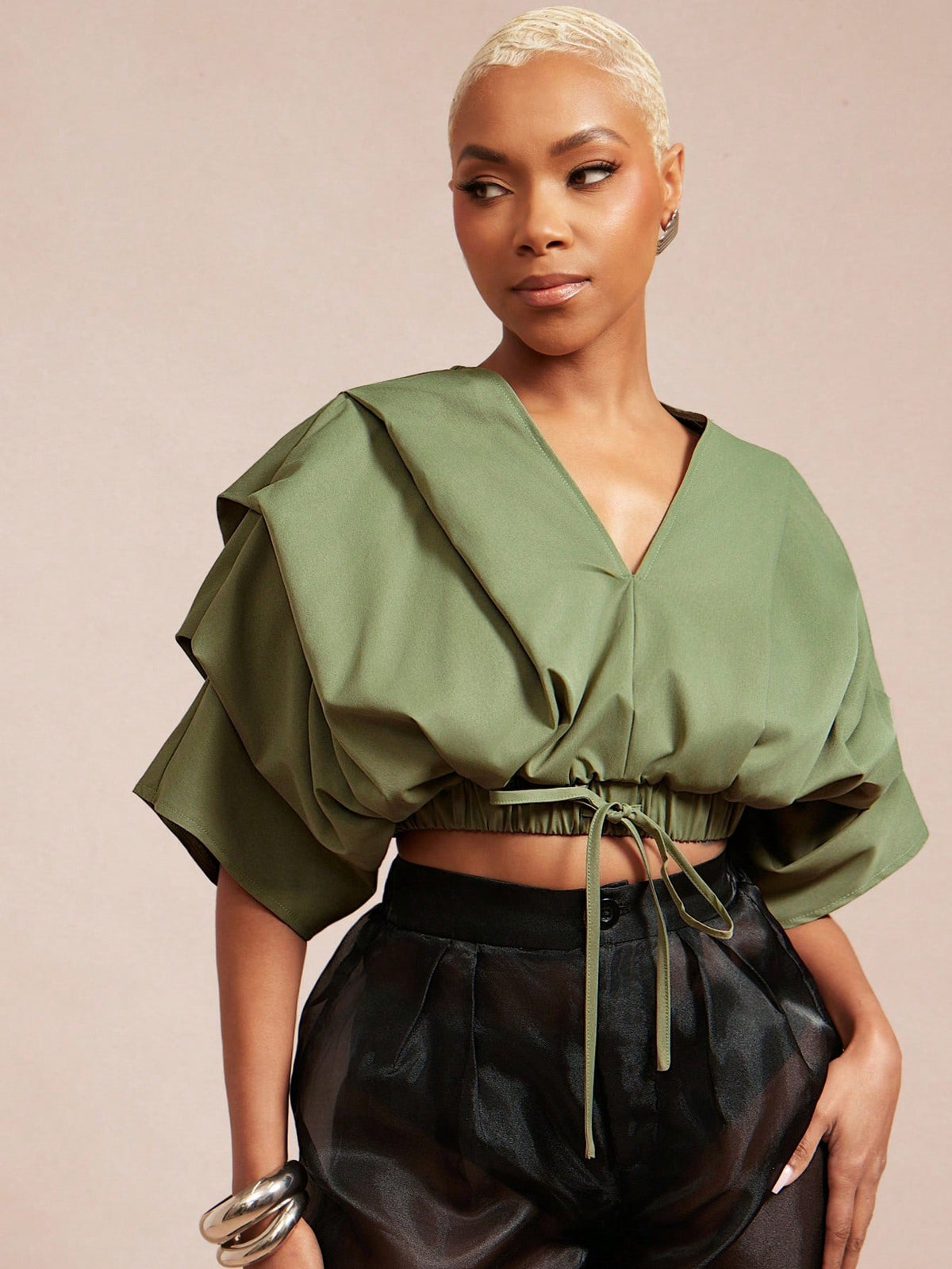 Vixey Solid Woven Pleated Structured Sleeve Drawstring Waist Top