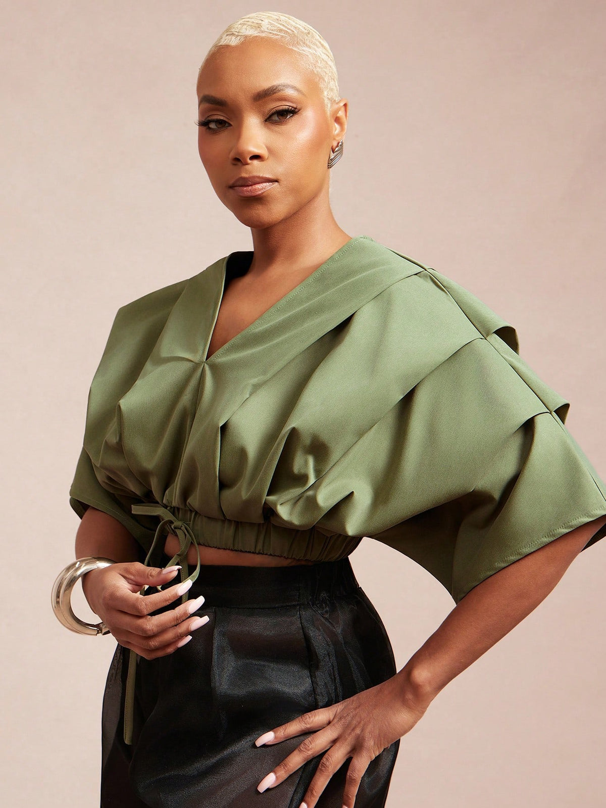 Vixey Solid Woven Pleated Structured Sleeve Drawstring Waist Top