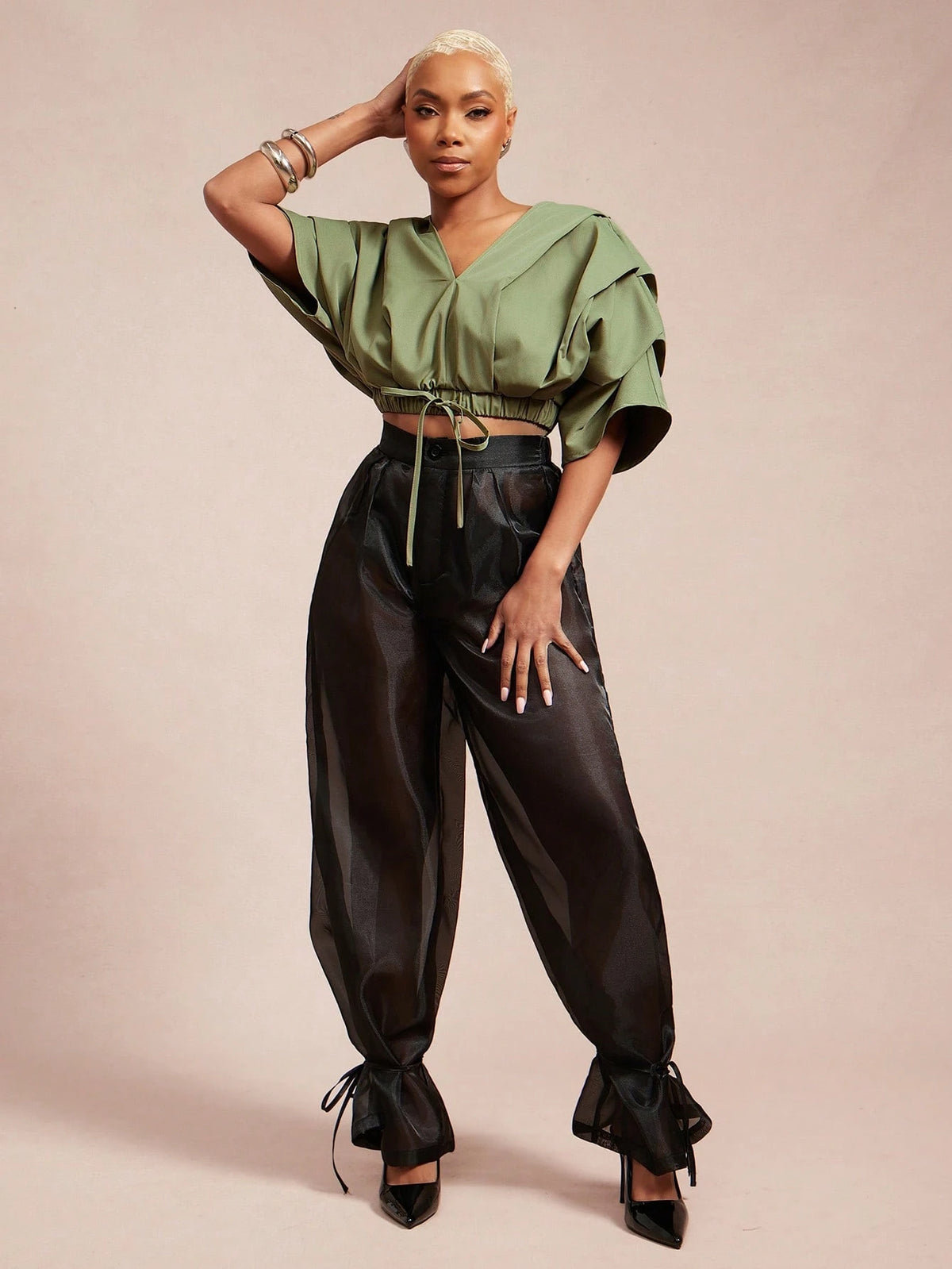 Vixey Solid Woven Pleated Structured Sleeve Drawstring Waist Top
