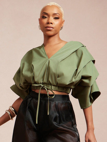 Vixey Solid Woven Pleated Structured Sleeve Drawstring Waist Top